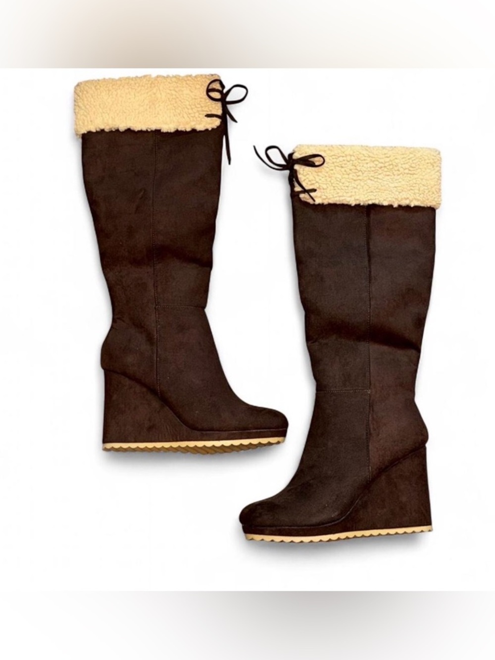 JustFab Cameron Sherpa Wedge Boots Brown Size 8.5 NWOT Cozy Winter - Picture 2 of 7